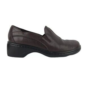 Clarks Womens Dark Brown Leather Cuban Heel‎ Slip On Loafer Shoes Size US 6 M